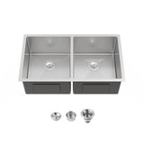 33"x19" Embedded Double Bowl Kitchen Sink, Undermount Handmade Sink in Brushed T3177P296196