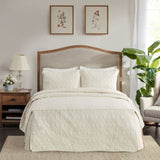 3 Piece Split Corner Pleated Quilted Bedspread Cream King B03597562
