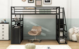 Full Size Metal Loft Bed with Storage Staircase and Wardrobe,Shelves and Lockers,Black 20859887