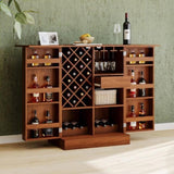 ZNTS 41.9" Home Bar Cabinet, Industrial Walnut Rattan Door Fold Out Bar Cabinet with Storage Bar Table WF325261AAY