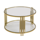 Modern Glass Coffee Table in 31.5", Asymmetrical Metal, Circular Metal Drum Base, Gold Finish & N735P177478K