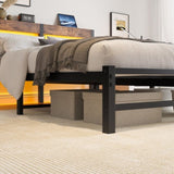 Queen Size Metal Bed Frame with Wooden Headboard, RGB Lights,Charger, Storage Shelf, Noise-Free, No W840P209904