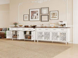Vintage Sideboard Buffet Cabinet with Hand-Carved Geometric Doors, Distressed Light Wood Finish with W688P360028