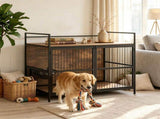 Furniture Style Dog Crate 360&deg Rotatable Adjustable Height Bowls, Heavy-Duty Metal Dog Kennel 84216259