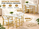 Bar Table and Stool Set 1 Table 2 Stools, White Marble Pattern MDF Tabletop & Gold Metal Frame, 19492848