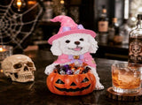 Halloween White Teddy Puppy Figurine, Witch Dog Holding Pumpkin Candy Bowl Decoration 01838696