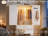 White Wardrobe Closet with Mirror Door, 2 Doors & 2 Drawers Storage Cabinet with LED Sensor Light, 36362195