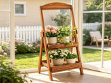 2-Tier Fir Wood Ladder Shelf, Rustic Staggered Plant Stand with Reinforced Metal Frame, Anti-Crack 73929802