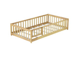 Twin Size Floor Bed with Fence and Door,Rubber Wood Floor Bed with Safety Guardrails,Natural 22789495