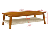 47.25" Mid-Century Coffee Table with Woven Shelf, Boho Rattan Coffee Table with Storage, Farmhouse W1801P195652