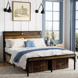 Queen Size Bed Frame, Storage Headboard with LED light, Charging Station, Solid and Stable, Noise W1903P151337