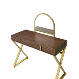 Coleen Walnut & Gold Finish Vanity Desk W/Mirror & Jewelry Tray B2726P315741