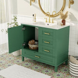 36" Green Bathroom Vanity with Solid Pine Frame, 1 Soft Close Door and 3 Drawers , Modern Storage N729P211167F