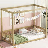 Twin Size Canopy Frame Floor Bed with Fence, Guardrails,Natural W504P143279