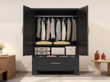 60" Tall Metal Wardrobe Cabinet with 1 Drawer and Hanging Rod, 2 Doors Wardrobe Closet with Shelf 12107111