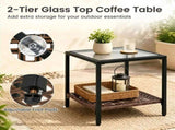 3-Piece Outdoor PE Rattan Rocking Chair Conversation Set with 2-Tier Glass Coffee Table, Heavy Duty 79877072