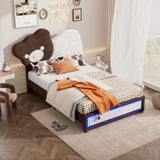 ZNTS Twin Size Upholstered Platform Bed with Bear Shaped Headboard, LED Light Strips, White + Brown WF323767AAK