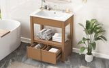 ZNTS 30" Bathroom Vanity with Sink Top, Bathroom Cabinet with Open Storage Shelf and Two Drawers, Brown 51882165