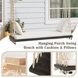 TOPMAX Patio Wooden Swing Chair, Hanging Porch Swing Bench with Cushion&Pillows, 10.8Ft Hemp Ropes N717P210136D
