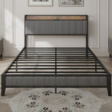 Queen Size Bed Frame with Charging Station, Upholstered Headboard, Metal Platform, Grey W1960131346