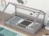 Twin Size Floor Wooden Bed with House Roof Frame, Fence Guardrails,Grey W1858123985