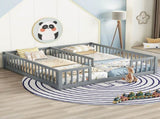 Double Twin Floor Bed with Fence, Guardrails, without door, Grey W504P143285