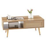 ZNTS 41.34" Rattan Coffee table, sliding door for storage, solid wood legs, Modern table for living room 94308535