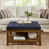 Upholstered Coffee Table Tufted Linen Large Square Ottoman with Beech Wood Shelf and Frame, W2353P183873
