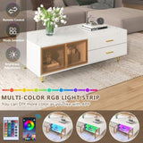 Modern White Coffee Table with 2 Glass Door Storage, 4 Drawers, Gold Metal Legs, and Multi-Color N735P167909