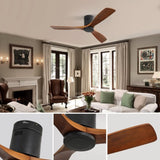 52 Inch Low Profile Ceiling Fan DC 3 Carved Wood Fan Blade Noiseless Reversible Motor Remote Control W934P214539