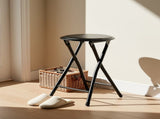 Folding Stool with Round Seat, Black Metal Frame, Portable Space-Saving Design 19590275