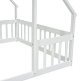 Full Wood House-Shaped Floor Bed with Fence, Guardrails,White W504P143294
