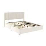 Anna Patented 2-Drawer Storage Bed Queen Size Ivory Velvet Upholstered Wingback Platform Bed, Modern B083P156196