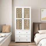 Hollow pattern 2 door 3 drawer wardrobe, the collision of wood color and white, suitable for W688P276738
