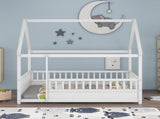 Full Size Floor Wooden Bed with House Roof Frame, Fence Guardrails,White W1858123986