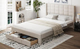 ZNTS Queen Size Upholstered Platform Bed with A Big Drawer, Beige 73394910