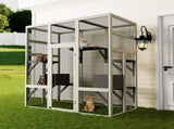 Large Outdoor Gray Wooden Catio Solid Wood Cat Enclosure with 5 Platforms & 2 Resting Boxes, W773P321839