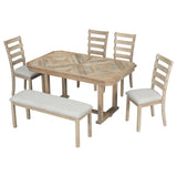 ZNTS 6-Piece Rubber Wood Dining Table Set with Beautiful Wood Grain Pattern Tabletop Solid Wood Veneer 48310127