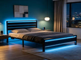 Twin Size Metal Bed Frame with 3-Panel Wood Grain Headboard, Built-in LED Light & Charging Station, 65759738