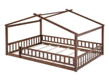 Full Size Wood Bed House Bed Frame with Fence, for Kids, Teens, Girls, Boys,Walnut WF302177AAL