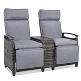 Patio Recliner Loveseat Chair, Adjustable Backrest Wicker Outdoor Lounge Chair Set with Acacia Wood 98839028