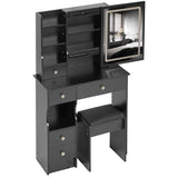Small Size Left Drawer Desktop Vanity Table Cushioned Stool, Touch Control Sliding LED Mirror, W936P202449