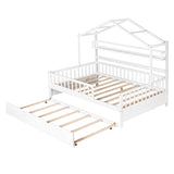 Wooden Full Size House Bed with Twin Size Trundle,Kids Bed with Shelf, White WF301683AAK