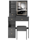 Small Size Left Drawer Desktop Vanity Table Cushioned Stool, Touch Control Sliding LED Mirror, W936P202449