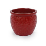 Handmade Ceramic Flower Pot Set of 3, 15/12/10 Inch Diameter, Deep Red with Floral Embossed Pattern, W3273P321489