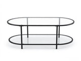Oval Glass Coffee Table with 2-Tier Storage Shelves, Black Metal Frame, Clear Glass Top, 07323954