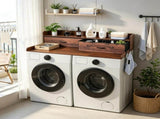 54" x 27.5" Wooden Washer Dryer Countertop with Shelf, 2 Drawers & 2 Hooks, Brown Laundry Machine 85324165