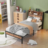 Twin Size Bed Frame with Storage Headboard, Metal Platform Bed with Charging Station, Bookcase 04195824