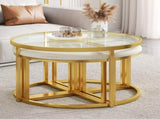 Modern Round Coffee Table Set with 4 Nesting Stools, Tempered Glass Top & Gold Metal Frame, Space N735P525144K