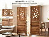 3 Panel Paulownia Wood Folding Room Divider, Tree Leaf Cutout Top & Louvered Lower Panel 43494743